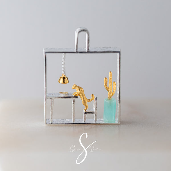Old Cat and Cactus - Pendant